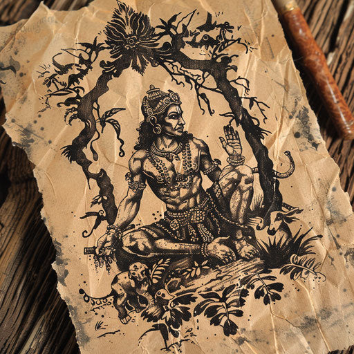 Rustic flat tattoo sketch of Hanuman in a forest setting with animals