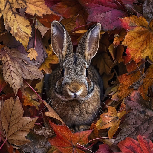 A rabbit camouflaged among autumn leaves