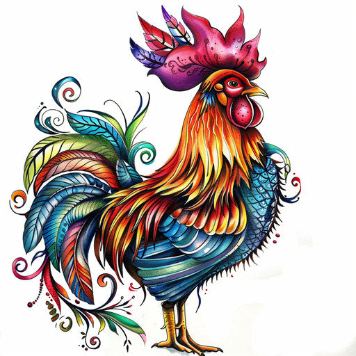 Colorful rooster tattoo on white background