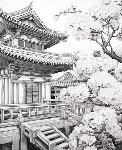Japanese style building and flowers drawing