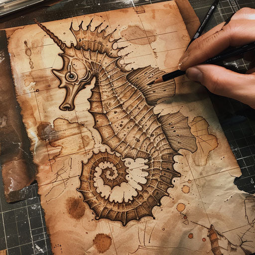 Rustic seahorse tattoo sketch with earth tones
