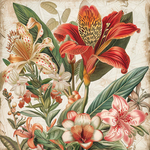 Botanical illustration of exotic flowers and plants