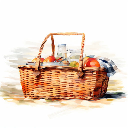 Picnic basket clipart in Impressionistic Art style, white background