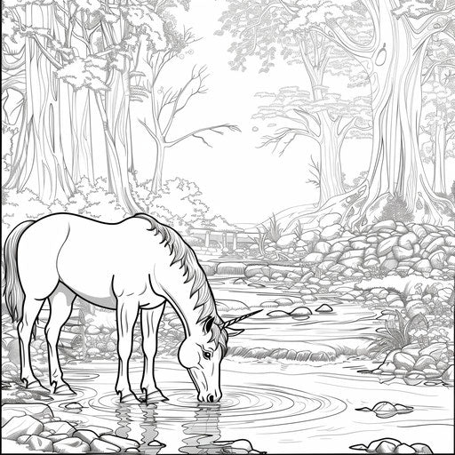 Pony drinking water from clear stream in forest. Coloring book page