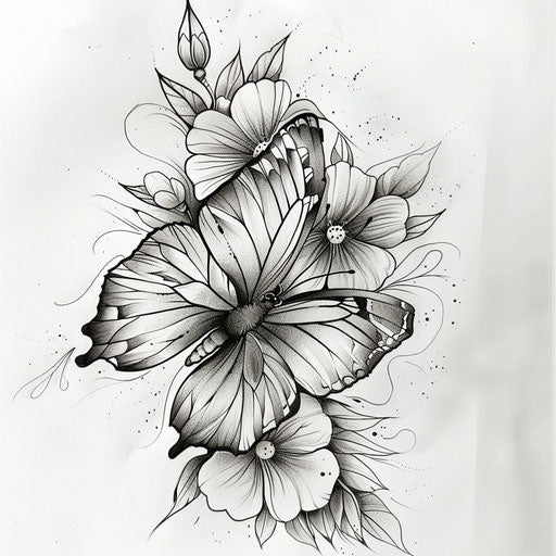 Playful butterfly with whimsical garden flowers, playful tattoo design, presented on a white canvas