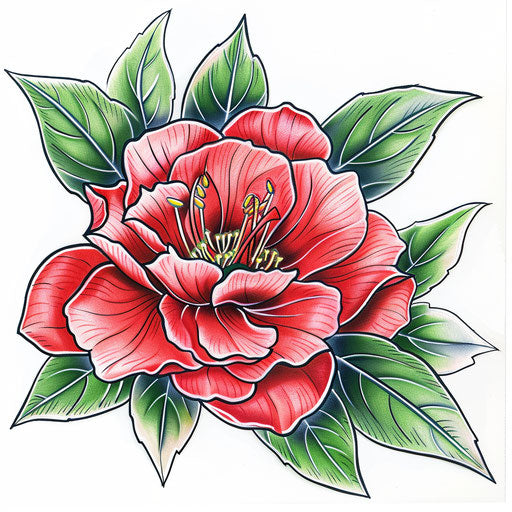 Vibrant Japanese camellia tattoo design, bright red and green