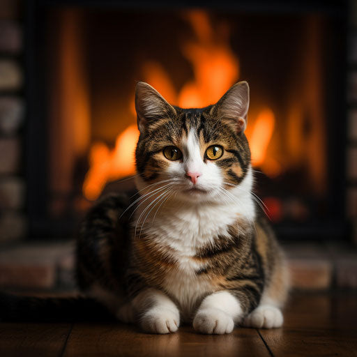 Manx cat in front of a fire in a fireplace