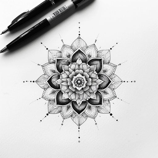 Elegant flat tattoo sketch of a mandala created with intricate dot work