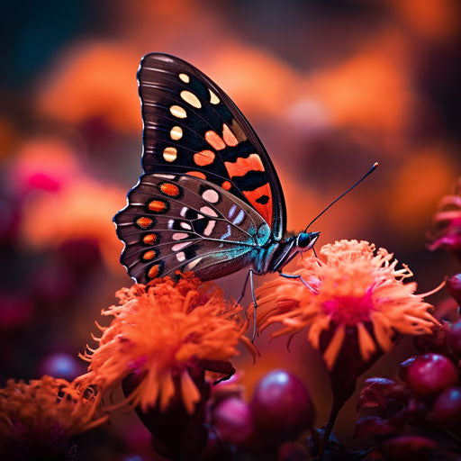 Butterfly on pink flower, blurry background, orange and gold