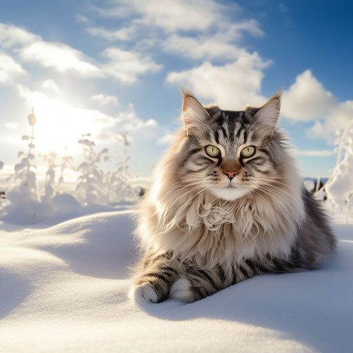 A Siberian cat lying in the snow