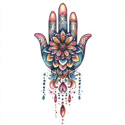 Mandala hand tattoo with vibrant watercolor clipart style