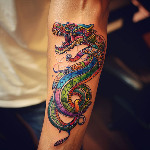 Psychedelic Mayan vision serpent tattoo, vibrant colors on white plane