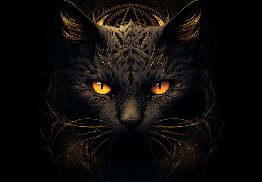Black cat on black background, dark yellow and dark gold style