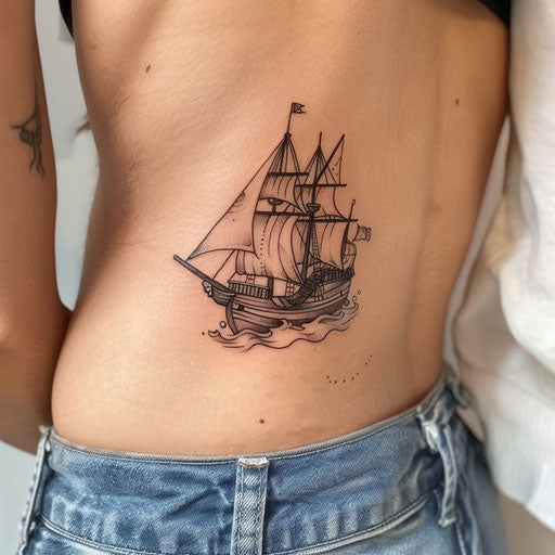 Pirate ship tattoos on the ribs