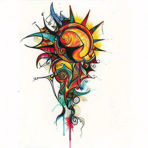 Contemporary tattoo sketch of a rising sun with abstract and fluid shapes in bright colors