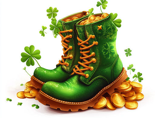 St. Patrick's Day, pot of gold coins, and clover leaves with a green boot
