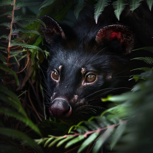 Intense gaze of a Tasmanian devil camouflaged among ferns