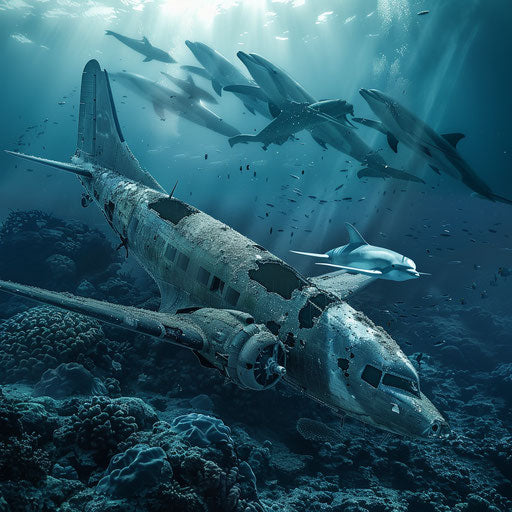 Dolphins swimming around a World War II American airplane shot down and lying at the bottom of the sea