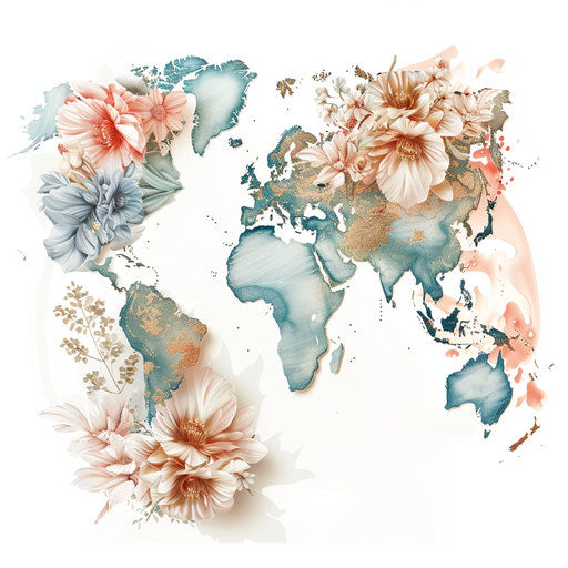 Elegant floral-inspired map logo, continents and islands in bouquet