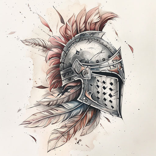 Vintage-style knight's helmet sketch with detailed feather
