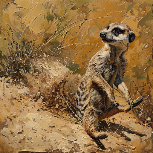 Playful meerkat in dynamic pose, detailed texture of sand and grass