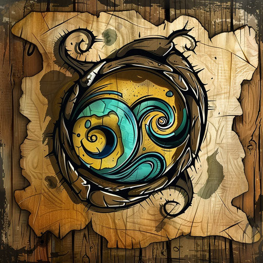 Hand-drawn cartoon logo on rustic background