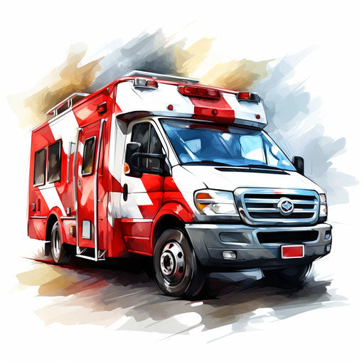Ambulance Clipart in Oil Painting Style on White Background