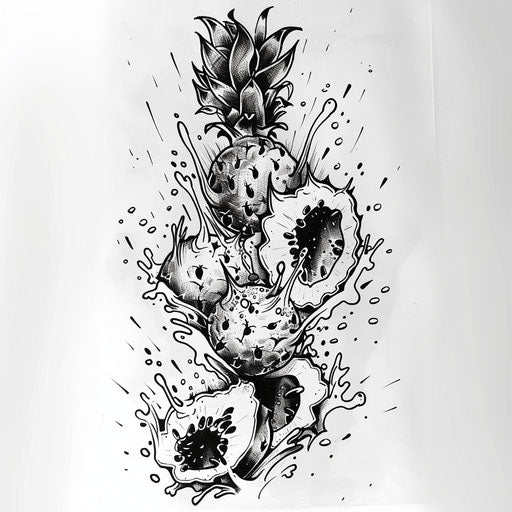Dynamic sketch of jagua fruit falling into a splashing pool