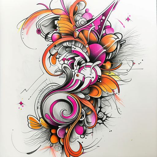 Abstract lace tattoo sketch with bold colors and dynamic shapes