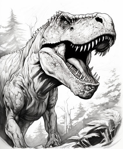 Dinosaur t-rex coloring pages, in the style of Raymond Swanland