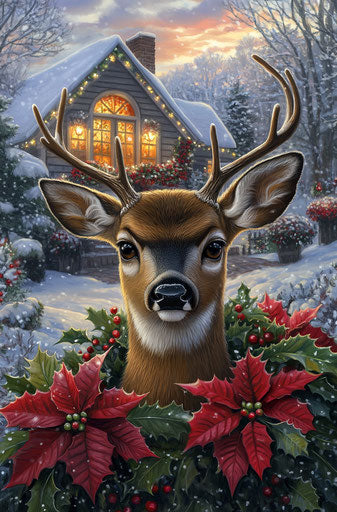 Christmas deer with wreath in front of cozy cottage