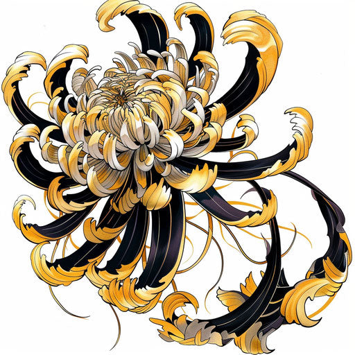 Art deco illustration of chrysanthemum, November birth flower, gold and black on white