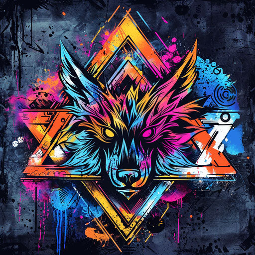 Edgy street art tattoo sketch of a Valknut with graffiti elements and bright neon colors