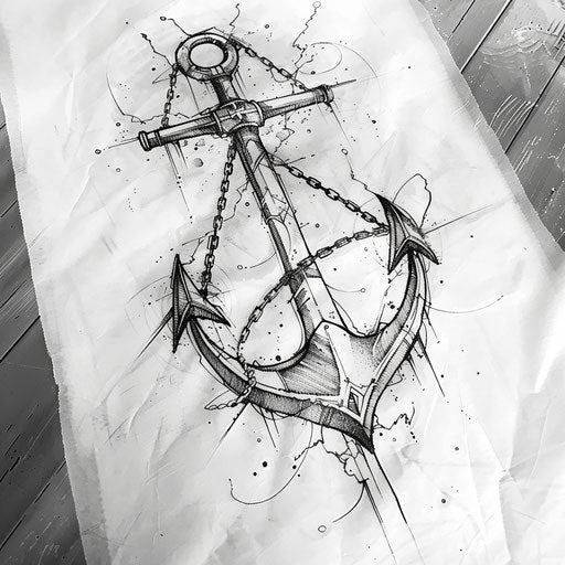 Nautical flat tattoo sketch of an anchor with a broken chain