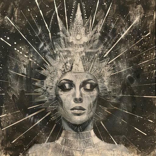 Woman in crown with light rays, elegant inking style