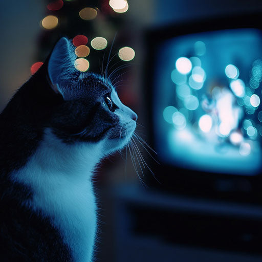 Cat watching a Christmas movie on television intently