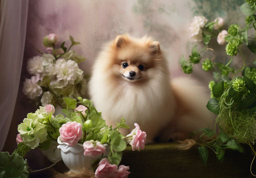 Pomeranian for sale, accurate and detailed style, exaggerated features, light maroon and light green