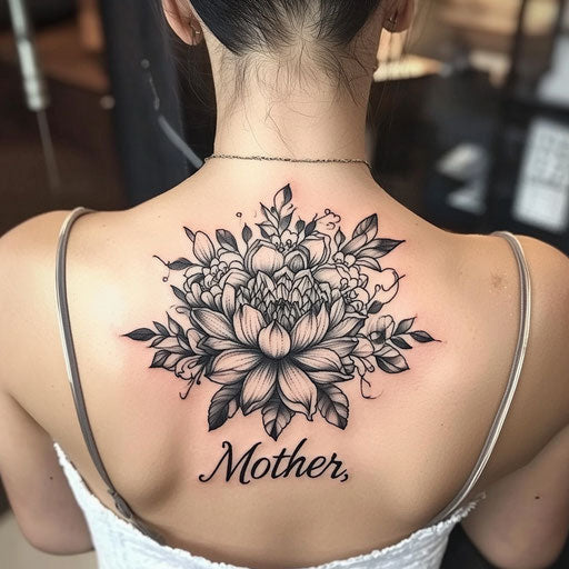 Mother tattoo with floral mandala surrounding the word 'Mother'