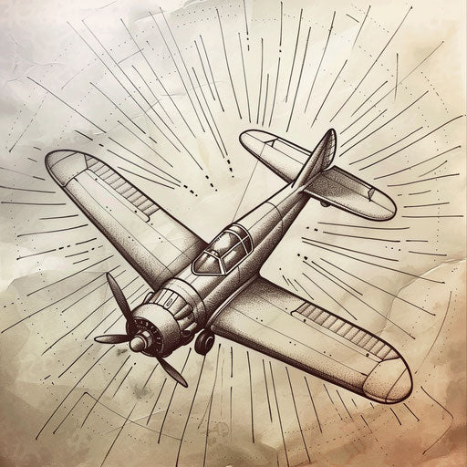 Art deco tattoo sketch of an old propeller plane with sun rays