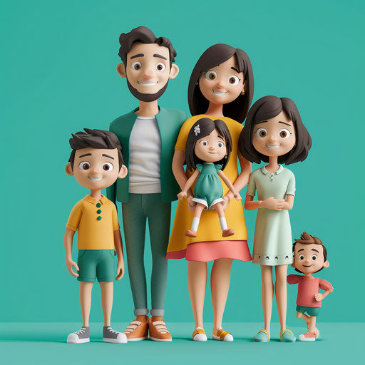 Realistic family clipart in PNG with flat teal background, vibrant contrasts and detailed textures