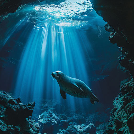 Hawaiian monk seal navigating in underwater cave