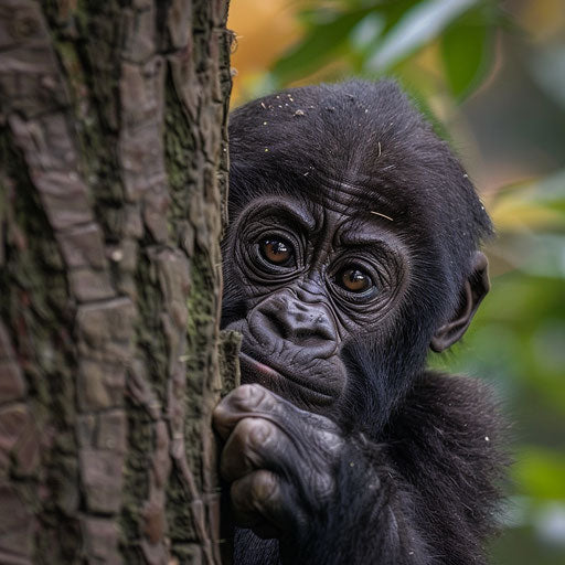 Curious baby western lowland gorilla peeking from behind a tree trunk