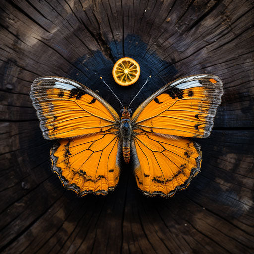 Orange butterfly in the style of Dimitry Roulland, forest, photo