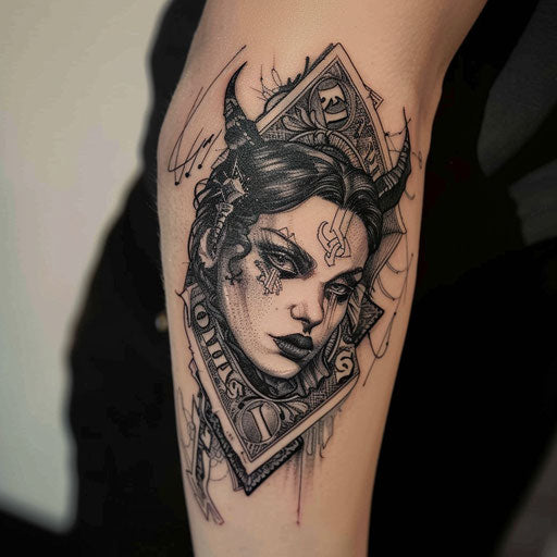 Money tattoo with gothic elements, Gerald Brom style