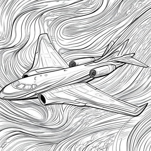 Elegant jet with flowing lines and patterns, Megan Hess style.