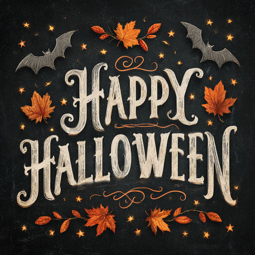 Happy Halloween with ornate script and flying bats