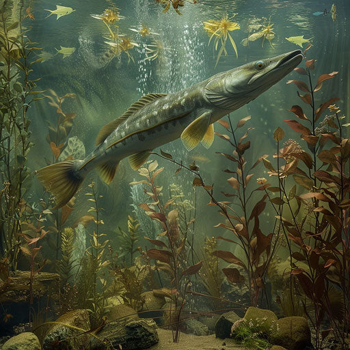 Sturgeon in a surreal, dreamlike underwater setting