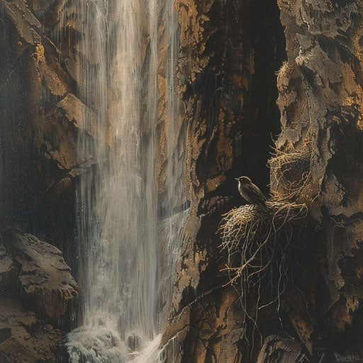 Creeping bird nesting near a waterfall