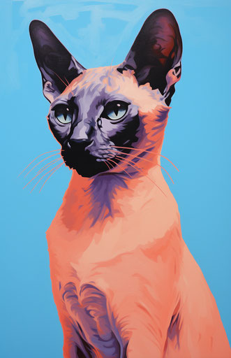 Sphynx cat on orange background, light beige and dark azure style
