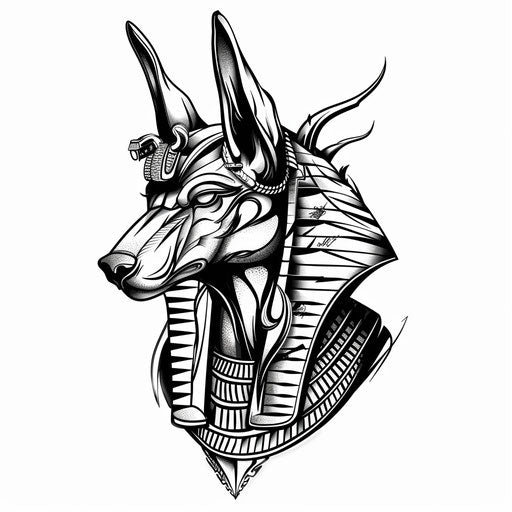 Anubis tattoo in bold line art on plain white background